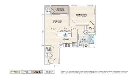Floor plan for 1 bed, 1 bath, 740 sqft